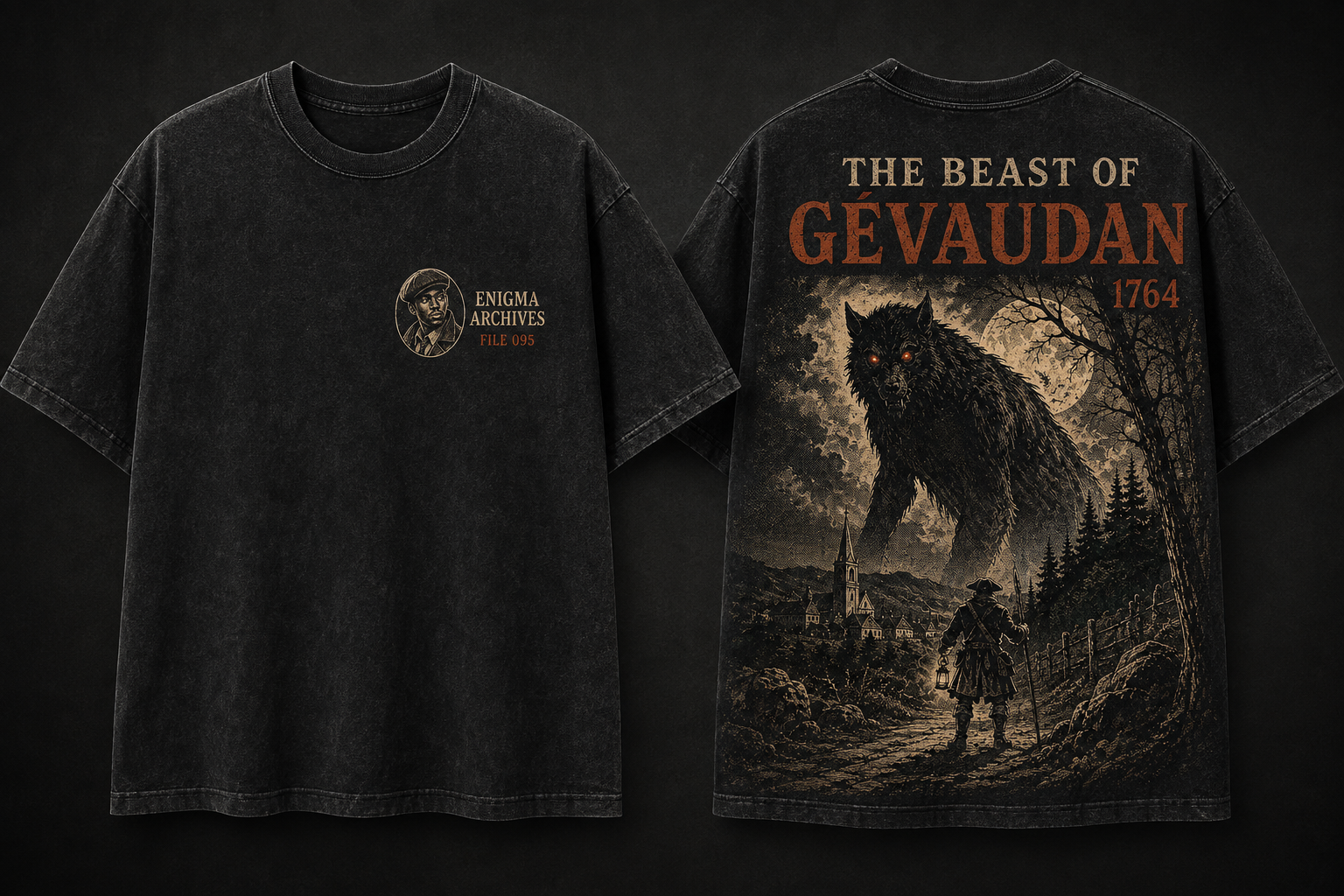Front and back of the The Beast of Gévaudan ENIGMA ARCHIVES shirt concept