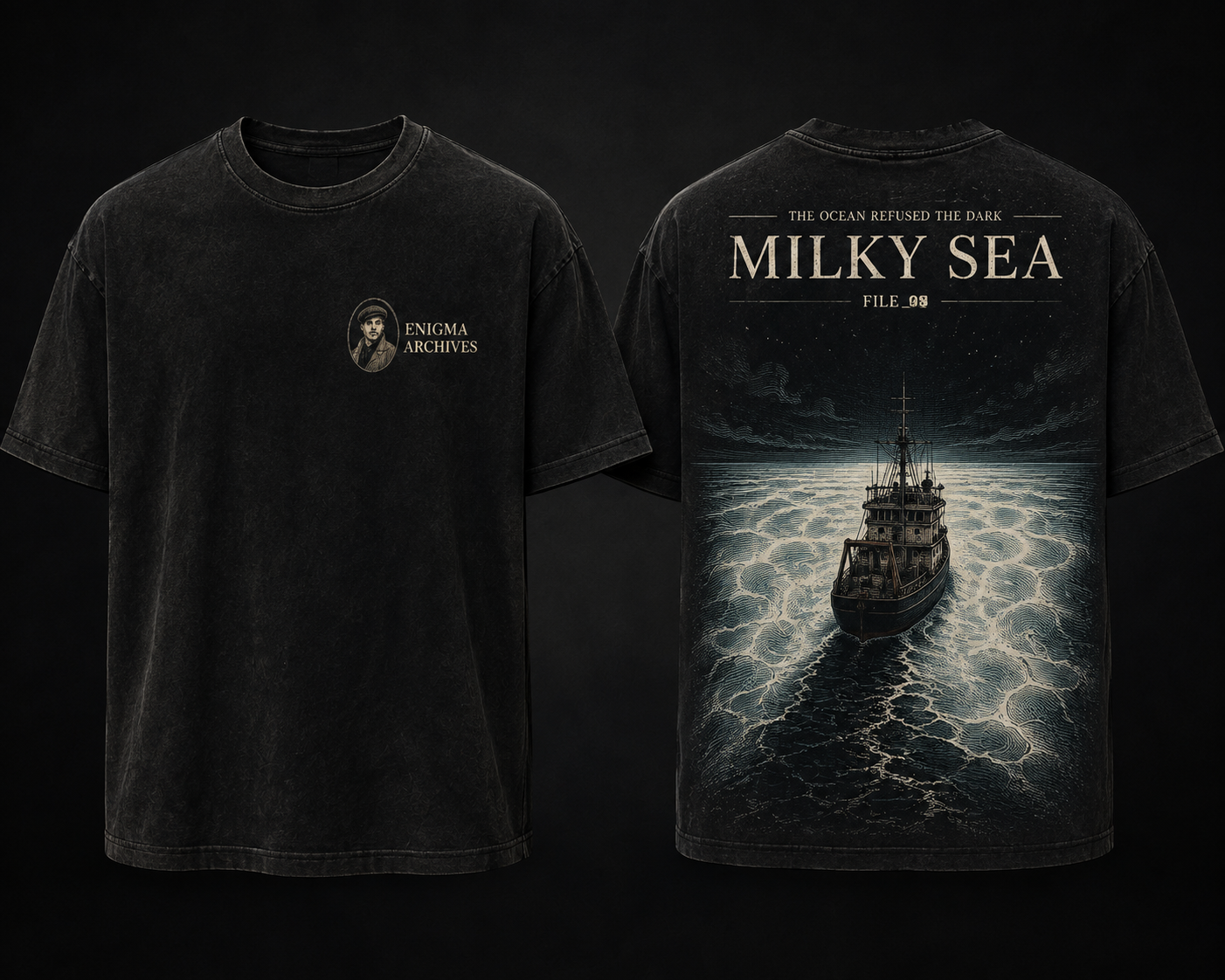 Front and back of the Milky Sea ENIGMA ARCHIVES shirt concept