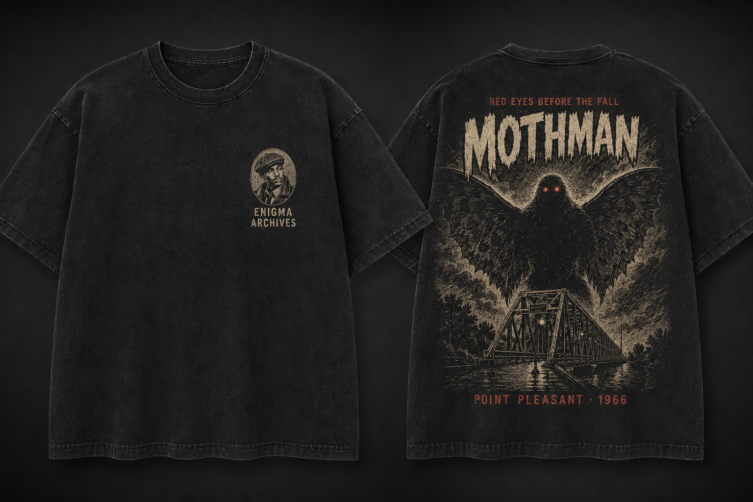 Front and back of the Mothman ENIGMA ARCHIVES shirt concept