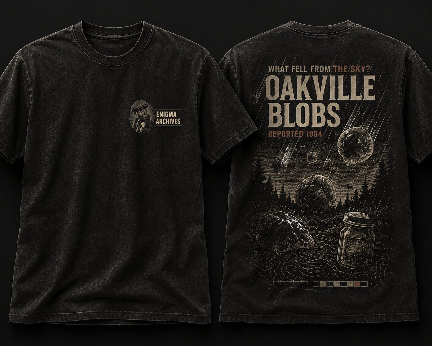 Front and back of the Oakville Blobs ENIGMA ARCHIVES shirt concept