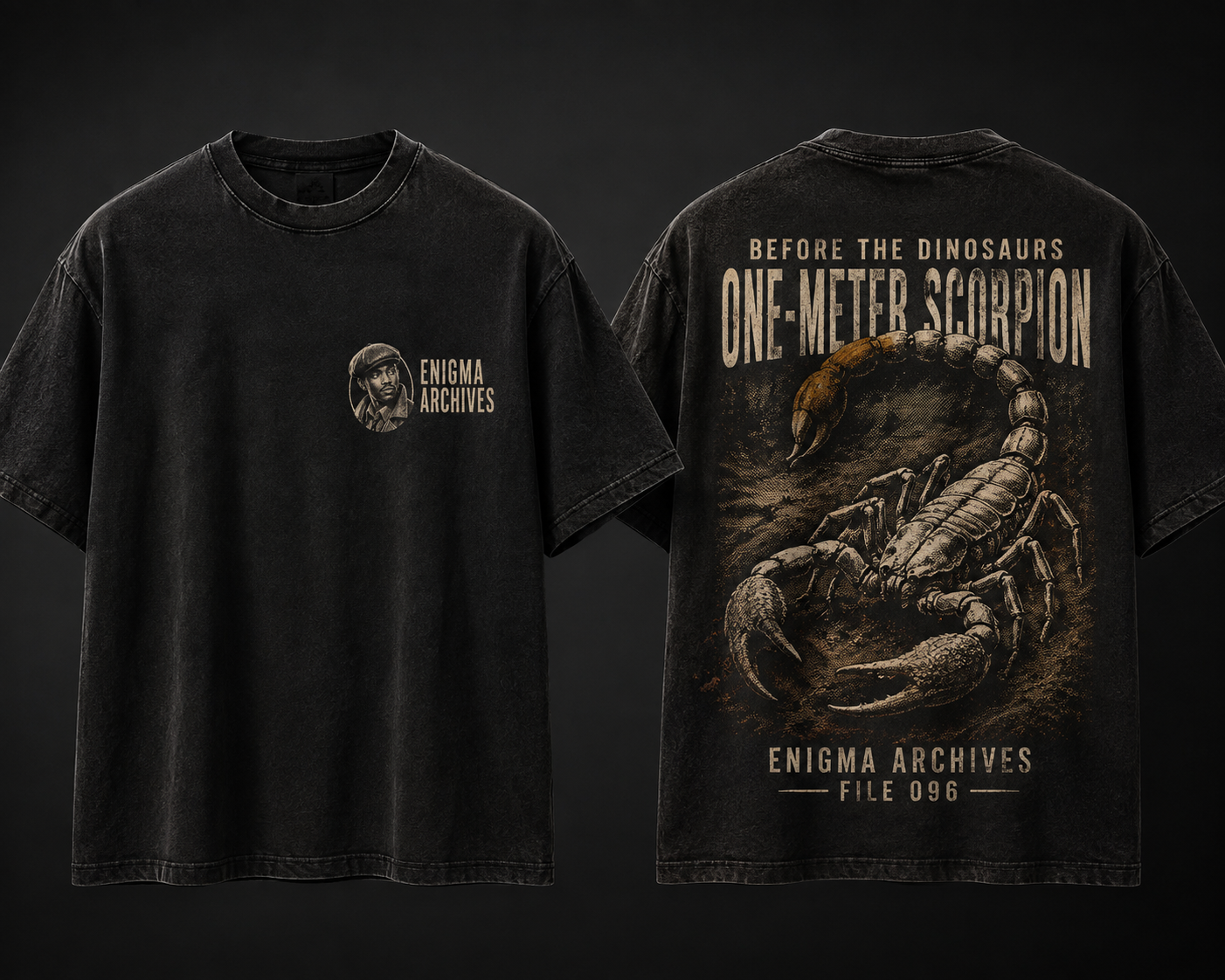 Front and back of the One-Meter Scorpion ENIGMA ARCHIVES shirt concept