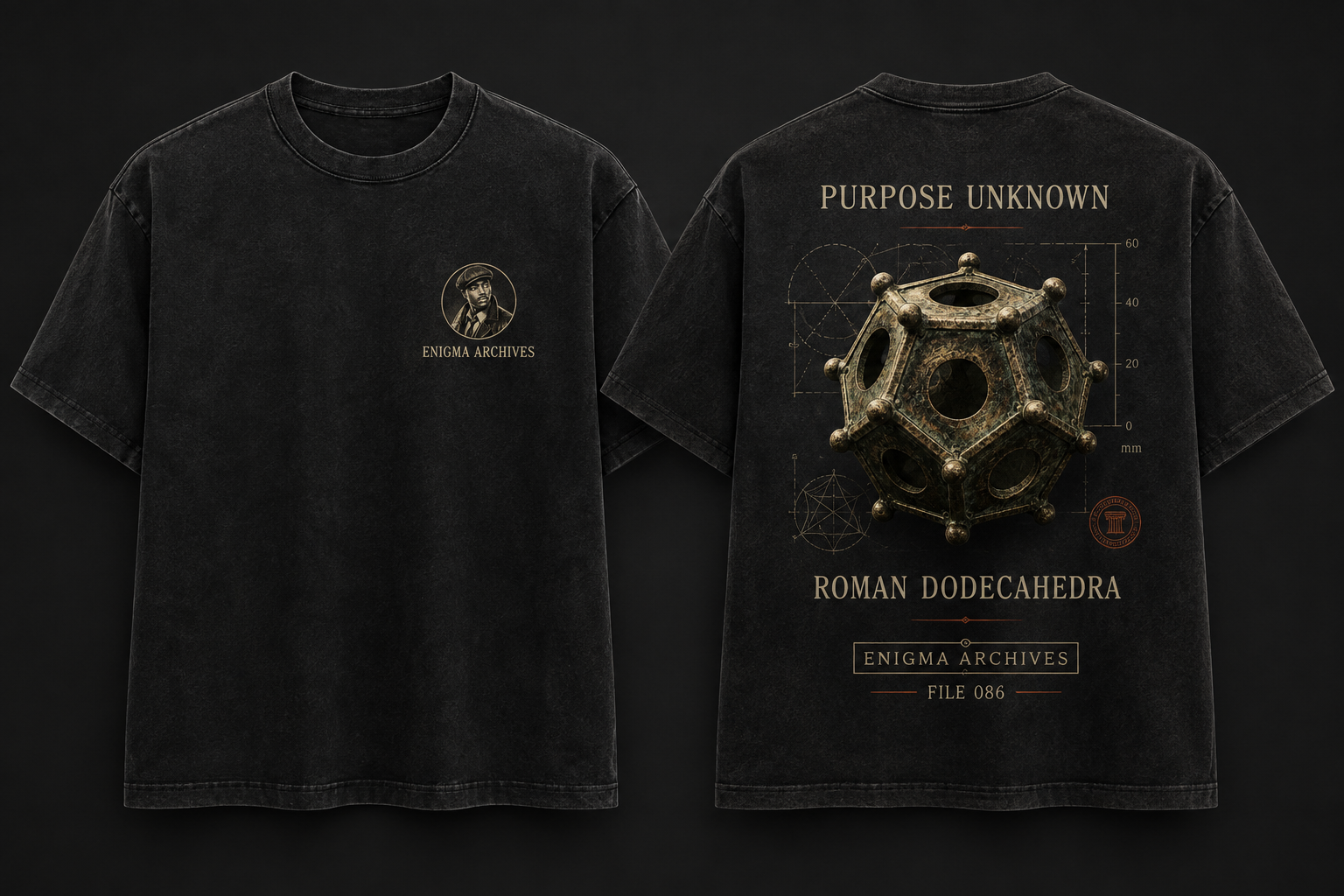 Front and back of the Roman Dodecahedra ENIGMA ARCHIVES shirt concept
