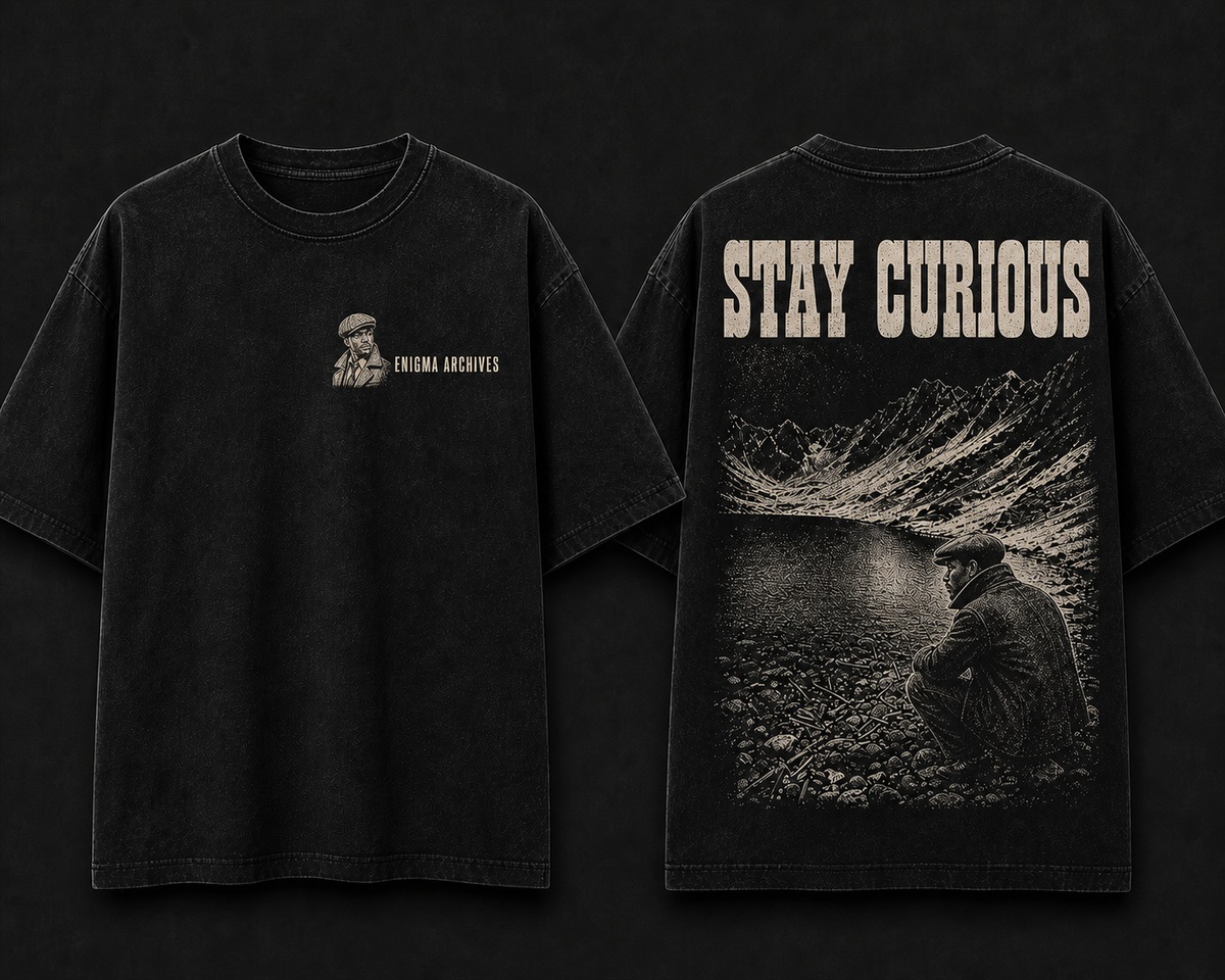 Front and back of the black Stay Curious Skeleton Lake ENIGMA ARCHIVES shirt